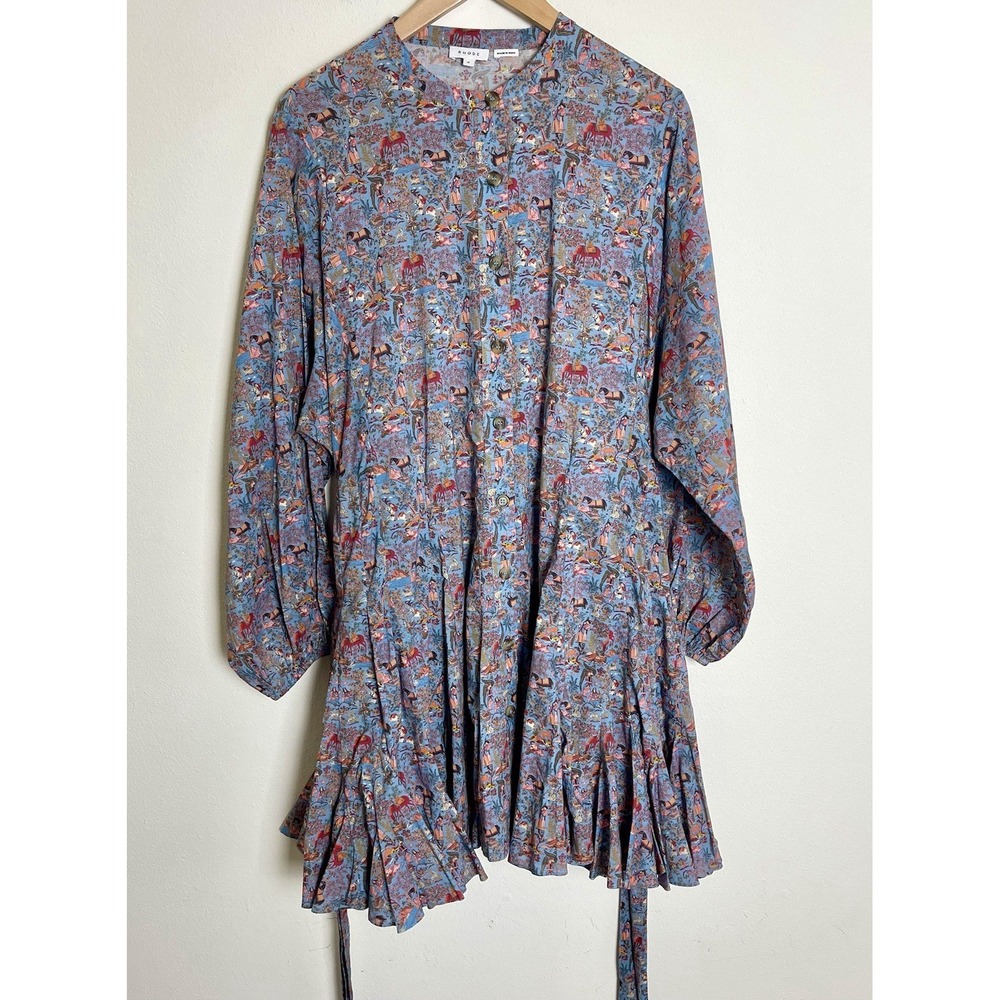 RHODE Emma Dress Midnight Garden Blue Tie Waist Flutter Hem Toile Print M - Picture 10 of 15